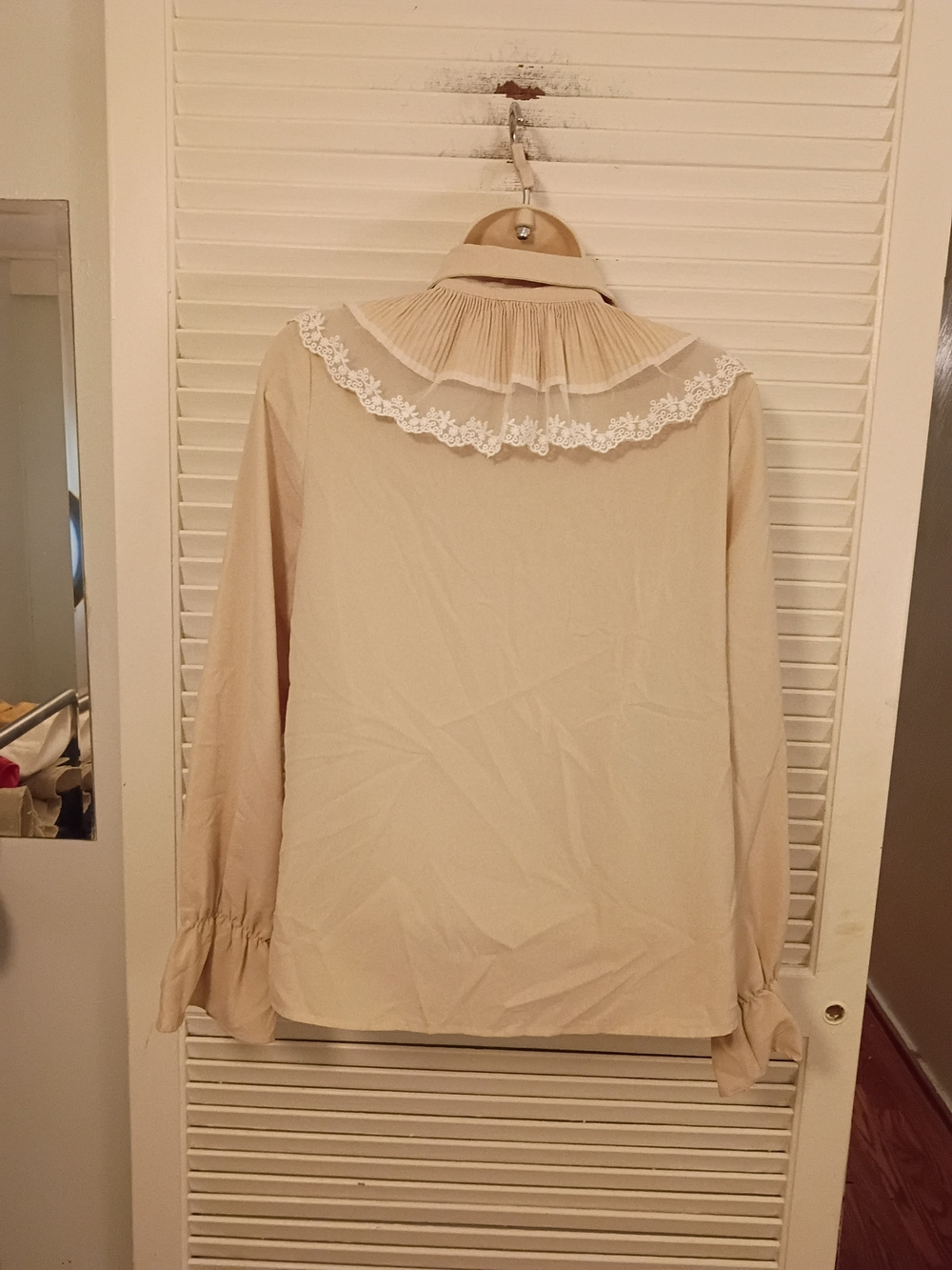 Lace-Trim Pleated Collar Button-Front Women's Top in Beige - Picture 6 of 8